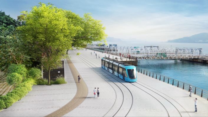 《圖說》淡海輕軌第二期河岸段模擬圖-轉彎段。〈城鄉局提供〉