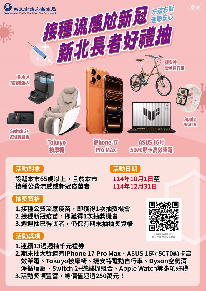 《圖說》「接種流感尬新冠 新北長者好禮抽」活動海報。〈衛生局提供〉