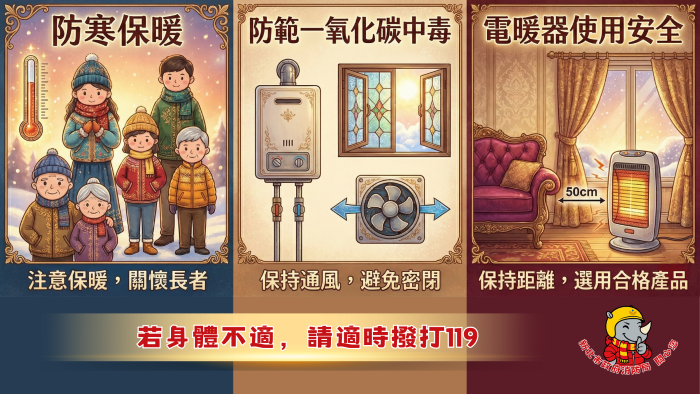 《圖說》防寒保暖、防範一氧化碳中毒、電暖器施用安全需知，若身體不適，適時撥打119。〈消防局提供〉