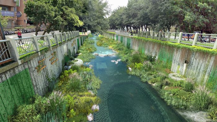 《圖說》藤寮坑溝排水水環境營造工程(第3期)，利用天然素材營造多元棲地--模擬示意圖。〈水利局提供〉